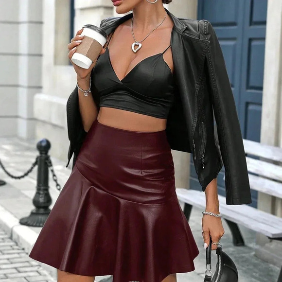 Burgundy Casual Women's Fashion Faux Leather Ruffle Hem Skirt - Picture 5 of 7
